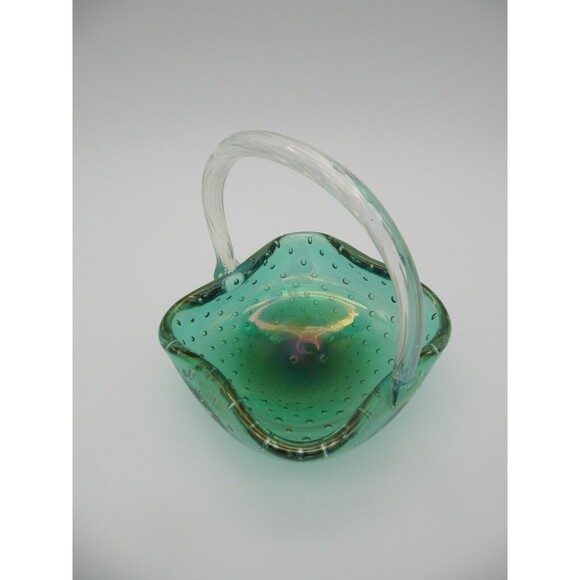 Iridescent Green with Controlled Bubbles Clear Handle Basket Art Glass 5"x5" - Picture 4 of 6